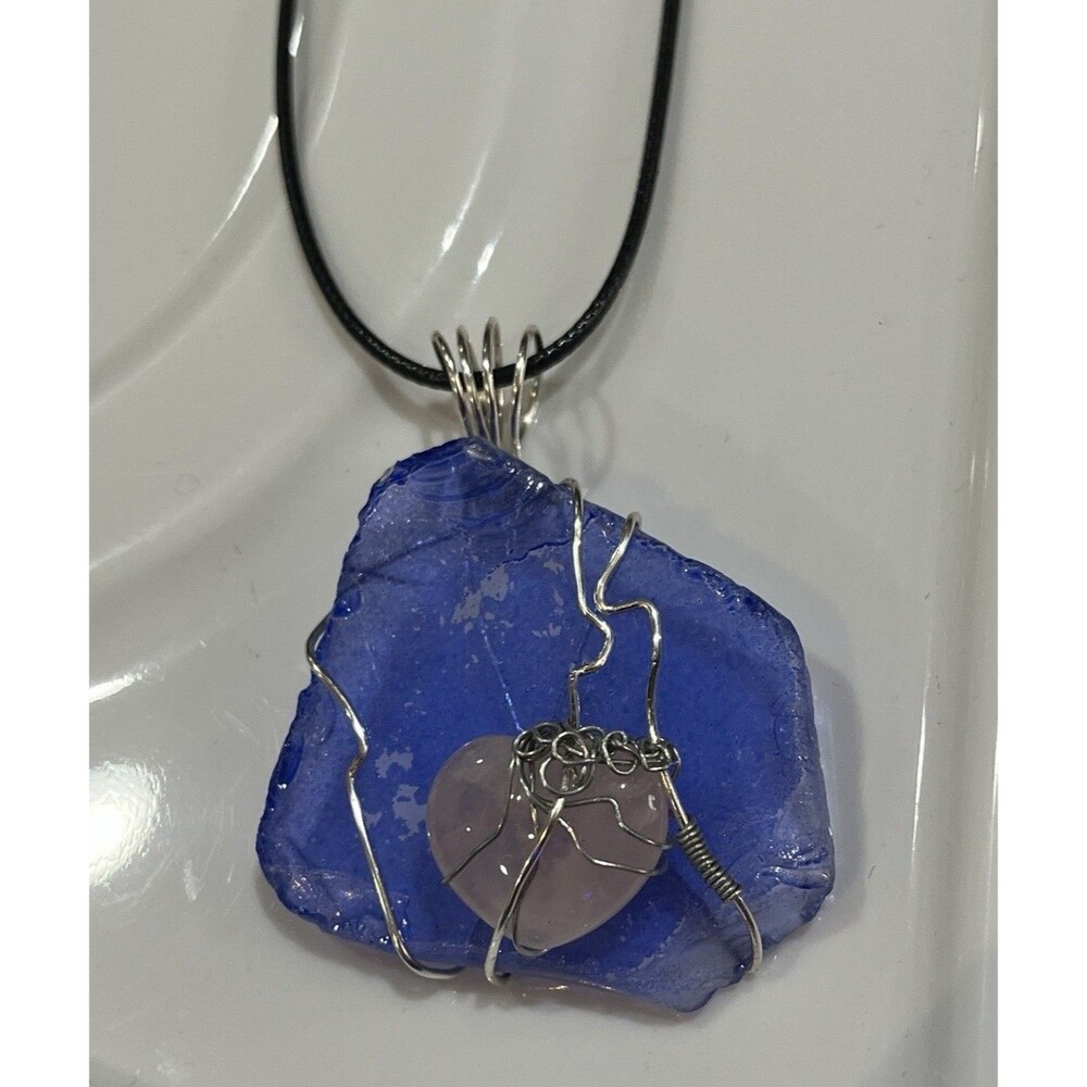 Rose Quartz & Blue Sea Glass Unconditional Love Silver Tone Wire Wrapped Pendant